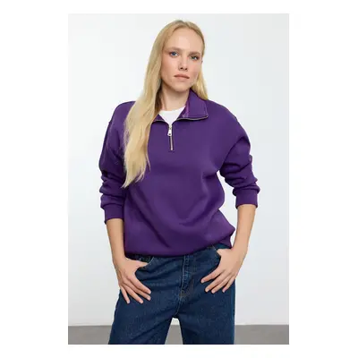 Trendyol Purple Oversize/Wide Pattern Zippered Collar Thick Polar Fleece Knitted Sweatshirt