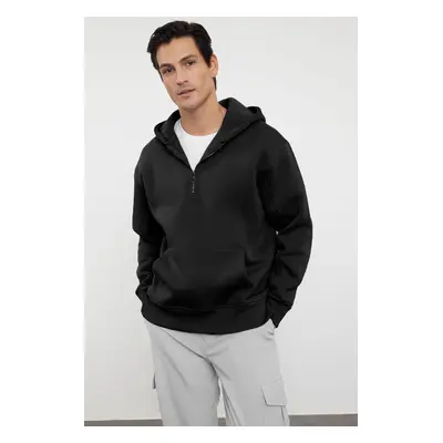 Trendyol Black Oversize/Wide Cut Zippered Hooded Fleece Inside Basic Sweatshirt