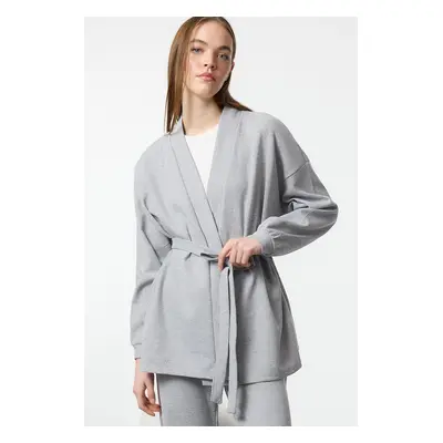 Trendyol Grey Melange Belted Waffle Fabric Knitted Pajama Set