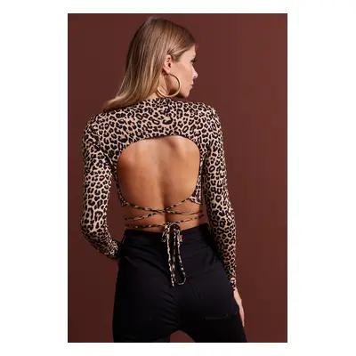 Chladná a sexy dámská velbloudí výstřih leopardí vzor crop halenka