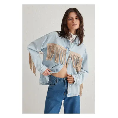 Trendyol Light Blue Suede Tassel Oversize Denim Jacket