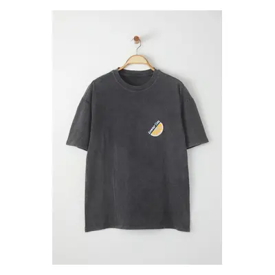 Trendyol Anthracite Oversize/Wide Cut Faded Effect Printed Thick 100% Cotton T-Shirt