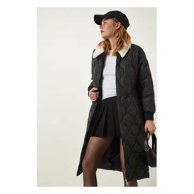 Happiness İstanbul Black Fur Collar Quilted Coat