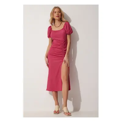 Happiness İstanbul Women's Dark Pink Gathered Wrap Summer Knitted Dress