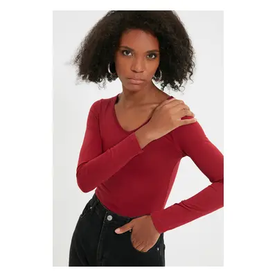 Trendyol Claret Red V-Neck Knitted Body With Snap Fastener