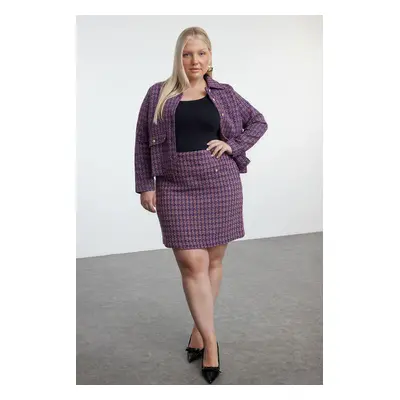 Trendyol Curve Purple Gold Buttoned Plaid Tweed Mini Woven Plus Size Skirt