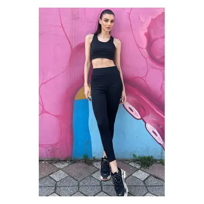 Trend Alaçatı Stili Women's Black Halter Crop And Long Leggings Lycra Athletic Suit