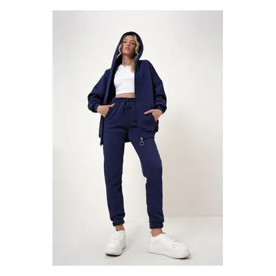 Trend Alaçatı Stili Women's Navy Blue Hooded Kangaroo Pocket Yarn Inside Raised Tracksuit