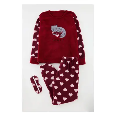 Trendyol Burgundy Heart Cat Embroidered Sleep Band Polar Winter Knitted Pajama Set