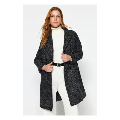 Trendyol Oversized Black Oversized Wide-Cut Potištěný dlouhý razítkovaný kabát