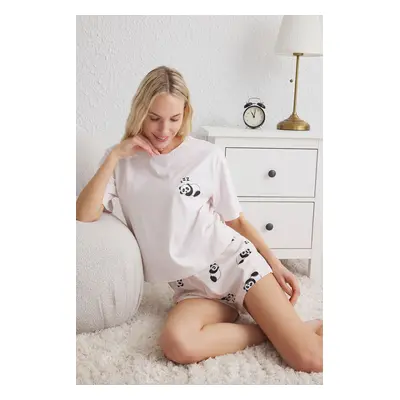 Trendyol Light Pink 100% Cotton Panda Patterned Knitted Pajama Set