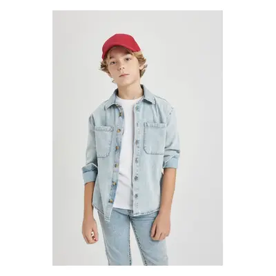 DEFACTO Boy Oversize Wide Pattern Polo Collar Jean Long Sleeve Shirt