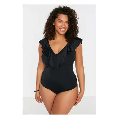 Trendyol Curve Black Deep V-Neck Flounce Throw Lined Swimsuit