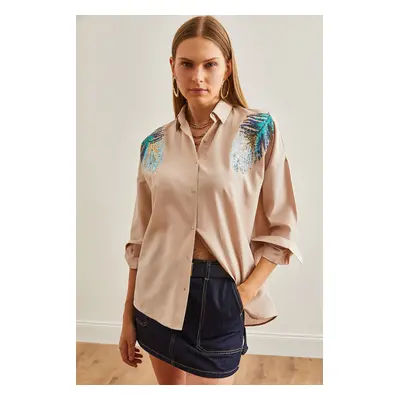 Olalook Women's Beige Leaf Sequin Detailed Woven Shirt