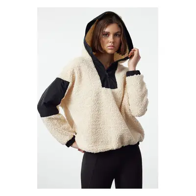 Trendyol Stone Color Block Zipper Detailed Plush Knitted Sports Sweatshirt