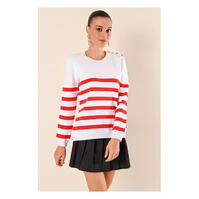 Bigdart Button Detail Striped Sweater - C.red