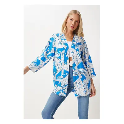 Happiness İstanbul Women's Blue and White Patterned Viscose Kimono