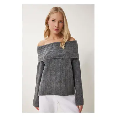 Happiness İstanbul Women's Anthracite Madonna Collar Knitwear Sweater