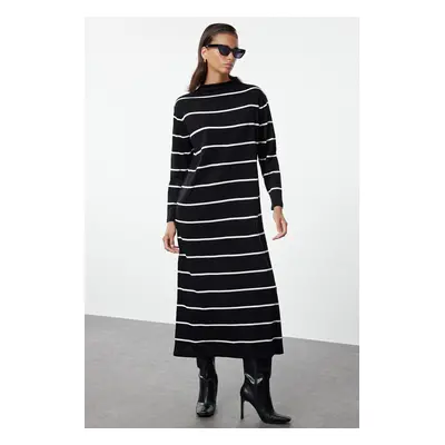 Trendyol Black Stand Collar Striped Knit Dress