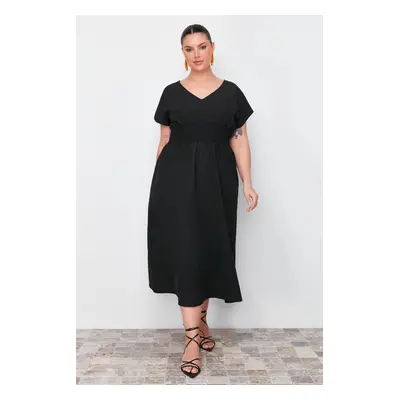 Trendyol Curve Black V Neck Woven Dress with Gathered Waist