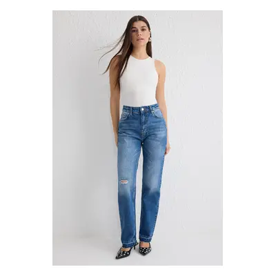 Trendyol Blue High Waist Long Straight Jeans