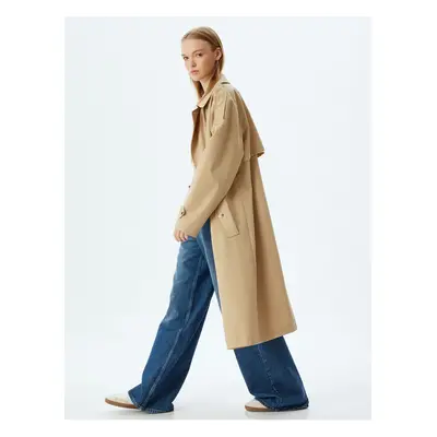 Koton Oversize Trench Coat Double Breasted Collar Epaulette Buttoned Pocket Detail