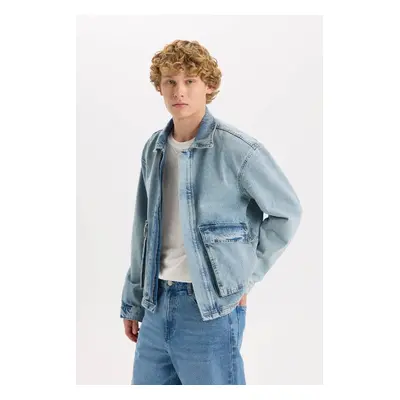 DEFACTO Polo Collar Zippered Jean Jacket with Pocket