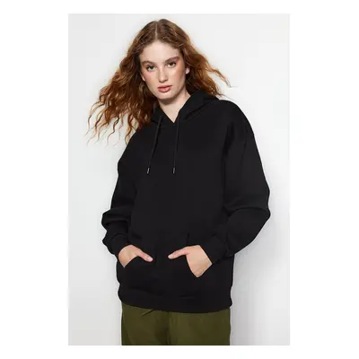 Trendyol Black Thick Fleece Inside Oversized/Wide Fit with a Hooded Basic Knitted Sweatshirt