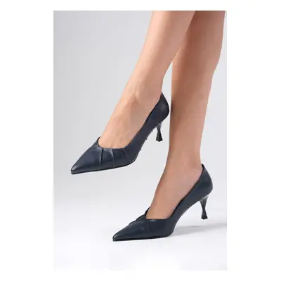 Mio Gusto Nina Women's Navy Blue Heeled Shoes with Pleats.