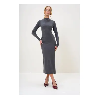 Trend Alaçatı Stili Women's Anthracite Crew Neck Long Sleeve Interlock Fabric Maxi Length Dress