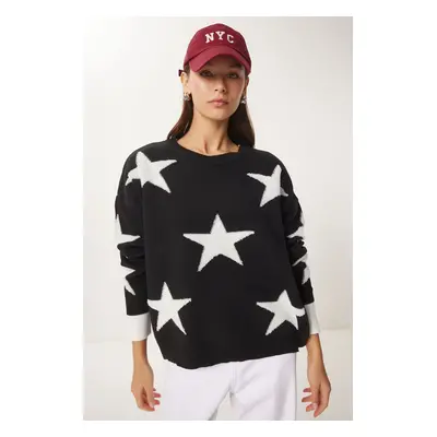 Happiness İstanbul Women's Black Star Embroidered Oversize Knitted Sweater