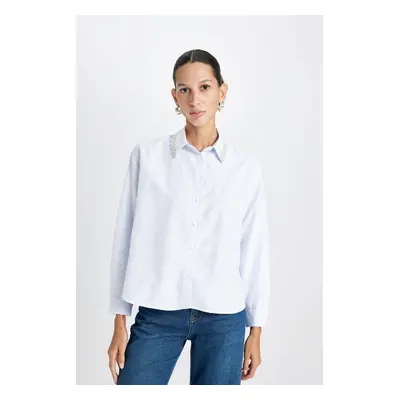 DEFACTO Oversize Wide Fit Striped Collar Beaded Oxford Long Sleeve Shirt