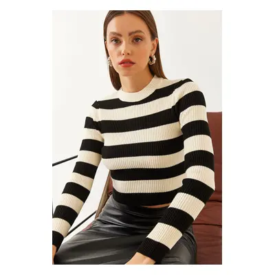 Bianco Lucci Women's Half Turtleneck Striped Crop Knit Blouse