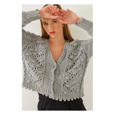 Bianco Lucci Women's V-Neck Pompom Three-Button Knitted Cardigan