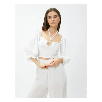 Koton Crop Blouse Gimped Balloon Sleeve Collar Detailed