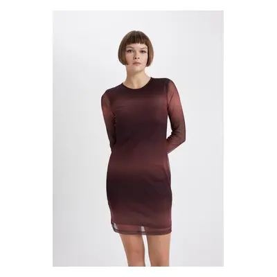 DEFACTO Bodycon Bodycon Round Neck Tie Dye Tulle Mini Long Sleeve Mini Dress