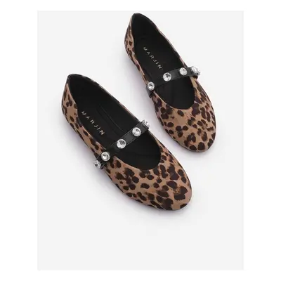 Marjin Women's Banded Stone Leopard Patterned Ballerinas Kiyas Leopard