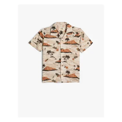 Koton Viscose Shirt Palm Printed Short Sleeve Single Pocket Detail