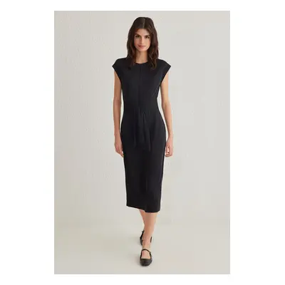 Trendyol Black Plain Belted Midi Soft Textured Pique Knit Dress