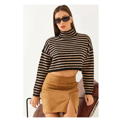 Bianco Lucci Women's Striped Half Turtleneck Crop Knitwear Sweater