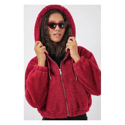 Bigdart Hooded Plush Crop Jacket - Claret Red