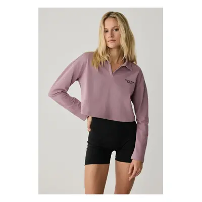 GRIMELANGE EUDORA Urbanbeat Women's Polo Collar Placket Long Sleeve Printed Detailed Dusty Rose 