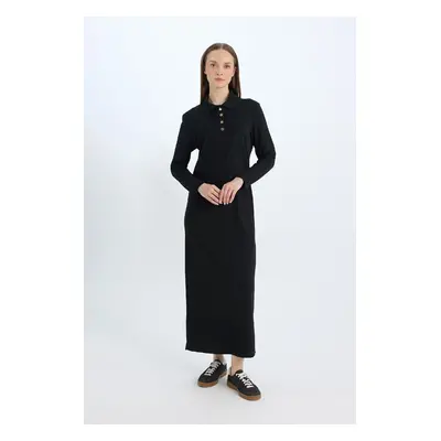 DEFACTO Regular Fit Shirt Collar Basic Plain Long Sleeve Pique Maxi Dress