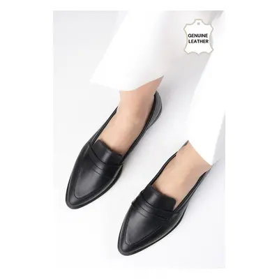 Mio Gusto River Women's Genuine Leather Black Loafers Casual Flat Shoes