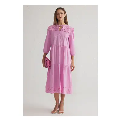 Trendyol Lilac Straight Cut Embroidery Detail Midi Woven Dress