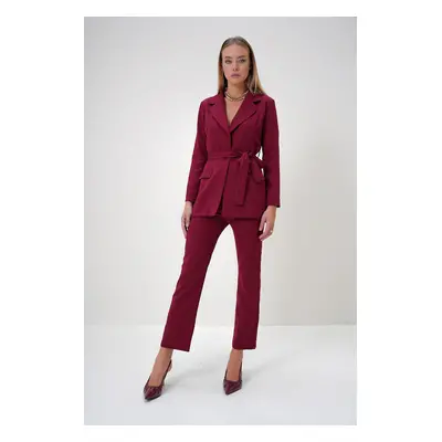 Trend Alaçatı Stili Women's Burgundy Lined Blazer Jacket and Trousers Top and Bottom Set