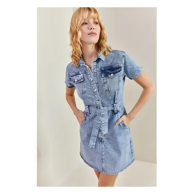 Bianco Lucci Women's Belted Snap Button Denim Dress