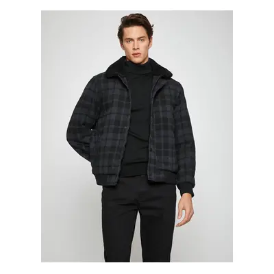 Koton Basic Plaid Pilot Jacket Collar Detailed Snap Snaps Zippered Pocket