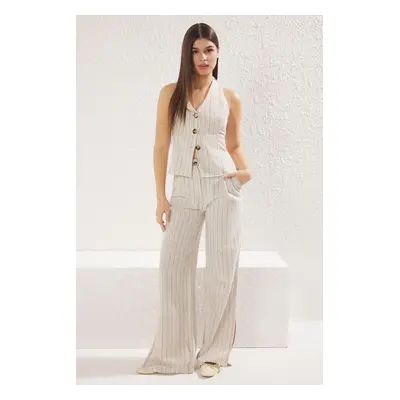 Trendyol Beige Linen Blend Striped Back Open Vest & Wide Leg Trousers Woven Bottom-Top Set