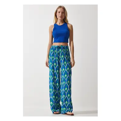 Happiness İstanbul Women's Blue Green Patterned Flowing Viscose Palazzo Trousers